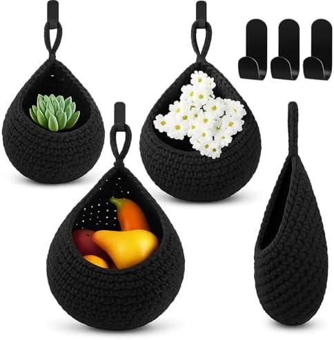 Honeydak Hanging Wall Basket Teardrop Hanging Baskets Onion Basket Coat Bohemian Storage Fruit Wall Hooks for Kitchen Wall Home Restaurant Storage Vegetable, 3 Sizes (Black)