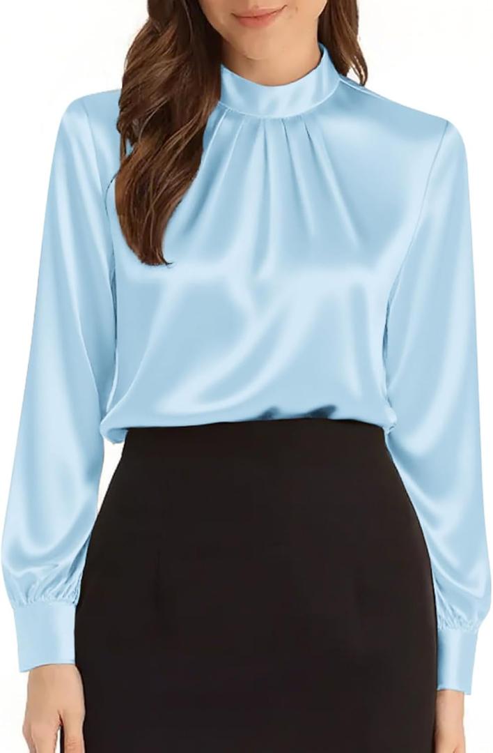Neweek Womens Satin Blouses Long Sleeve Mock Neck Elegant Pleated Silk Shirts Tops for Business Casual Work (M)