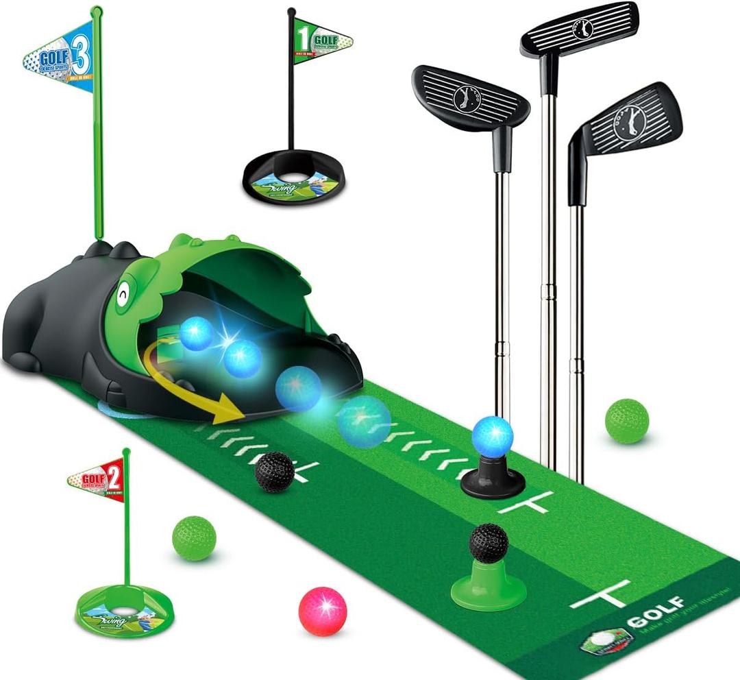 Upgraded Kids Toy Golf Set with Dinosaur Automatic Golf Returner, Led Light Up Night Golf Balls, 3 Clubs, Putting Mat, 3-8 Toddler Mini Golf Games, Indoor Outdoor Sports Toys for Boys Girls (Black)
