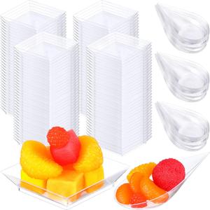 Rozer 200 Pcs Mini Appetizer Plates and Tear Drop Spoons for Weddings Party 2.5 x 2.5 Inches 4 x 2 Inches Plastic Mini Dessert Plates Disposable Appetizer Spoons (Transparent)