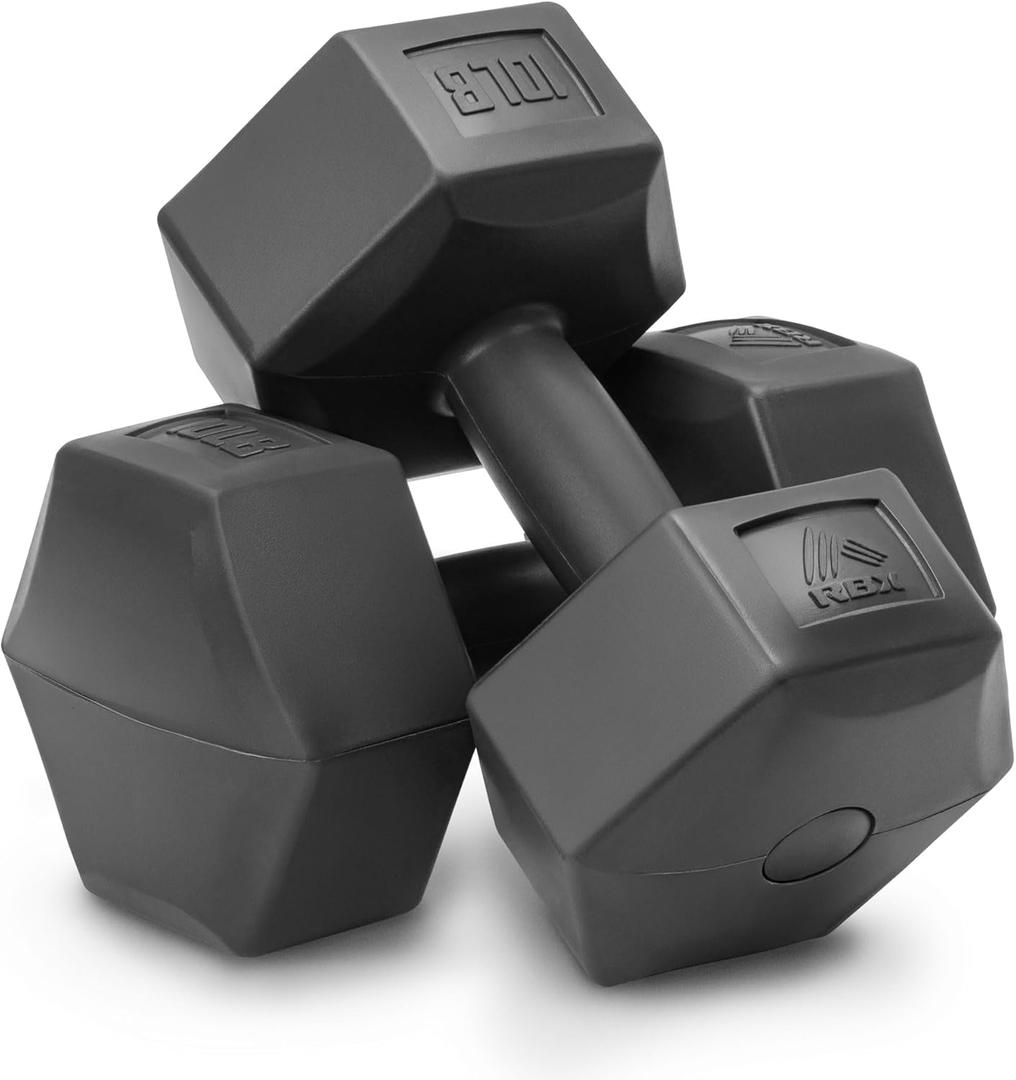 RBX Vinyl Coated Hand Weight Dumbbell Set - Hex Shaped, Roll Free for Body Building/Sculpting/Strength Training Exercise, (Set of 2) (10lb, Grey)