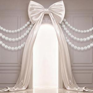 101 Pcs Giant White Satin Bow with Pearl White Linking Balloons Garland Kit Large Wedding Bow 24'' x 60'' for Wedding Bridal Shower Proposal Engagement Baby Shower Birthday Party Decorations
