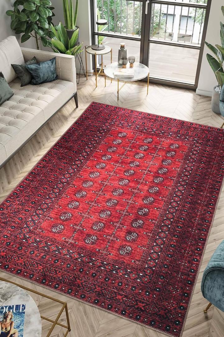 Keen Home Design 3x5 Rug - Machine Washable Entry Rug with Non-Slip Backing, Ideal for Enteryway, Kitchen, Bathroom, Laundry Room - Vintage, Easy Clean, Durable, Low Pile Rug - (3' x 5') (Red/Burgundy)