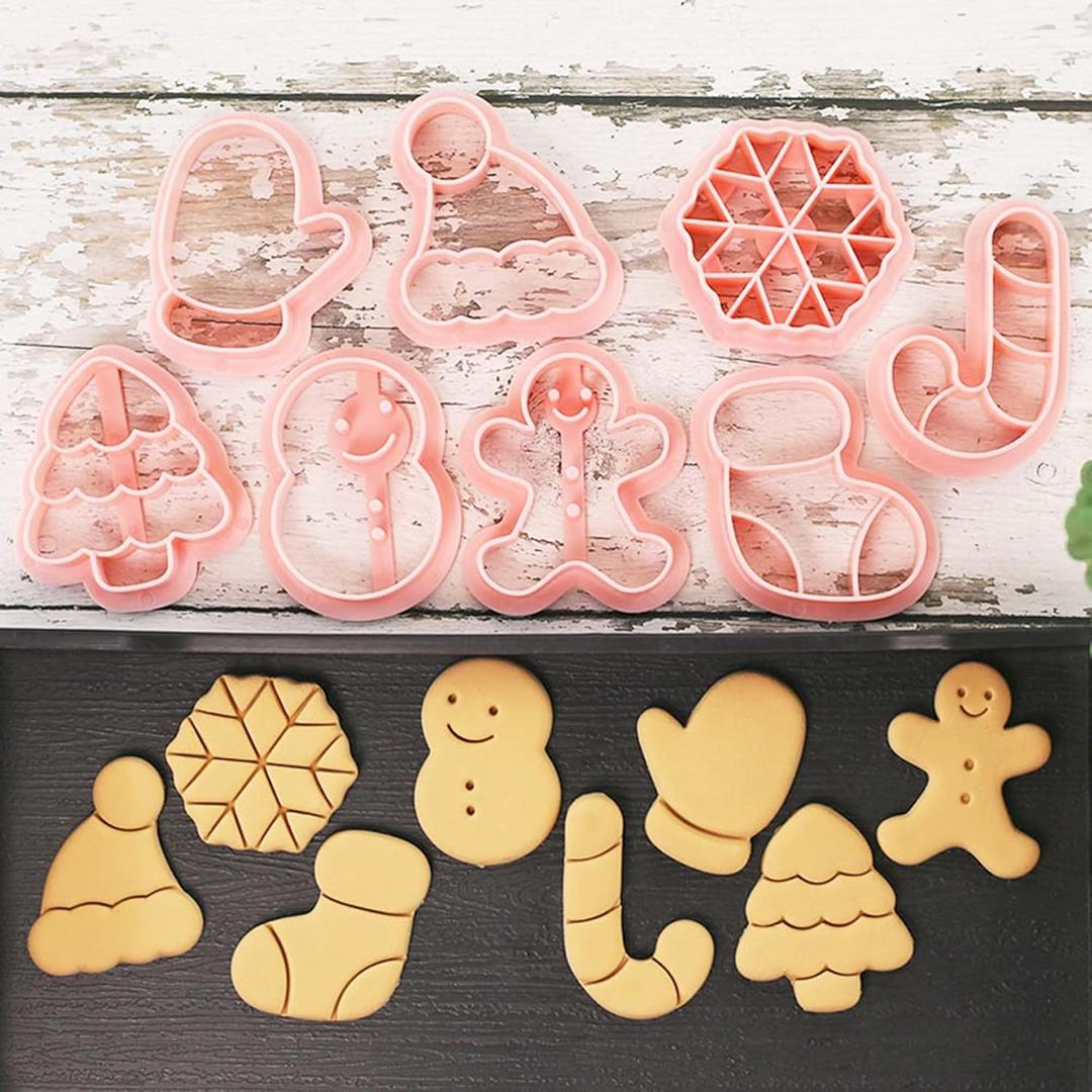 8 Piece Mini Cookie Cutters - One-touch 3D Raised Cookie Stamps - Mini Gingerbread Man, Snowflake, Snowman, Christmas Tree Baking Molds - Ornament Cookie Cutter Set