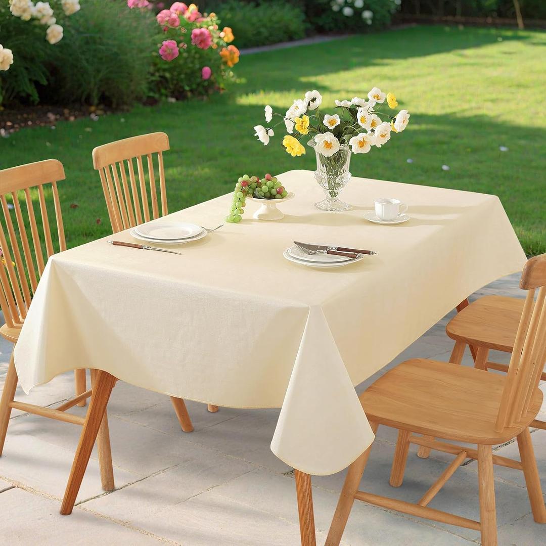 Rectangle Table Cloth, Waterproof Vinyl Tablecloth with Flannel Backing, Wipeable Reusable Rectangular Plastic Tablecloths for Dining, Camping, Indoor and Outdoor (Beige, 52" x 70")