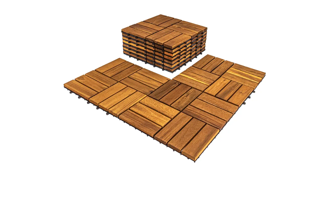 Pack of 10 Deck Tiles - 12,6"x12,6" Interlocking Natural Solid Acacia Wood for Outdoor & Indoor, Patio Garden, Balcony, Poolside - Golden Teak Color Not complete