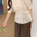 Women's Cotton Linen Embroidered Tunic Blouse Elegant Puff Short Sleeve Crewneck Layered Button Down Shirt (Beige)