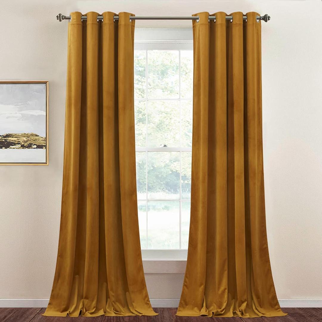 StangH Mustard Gold Velvet Curtains - Light Blocking Grommet Blackout Drapes for Living Room Bedroom Country Style Party Backdrop Decorations, W52 x L84 inches, 2 Panels