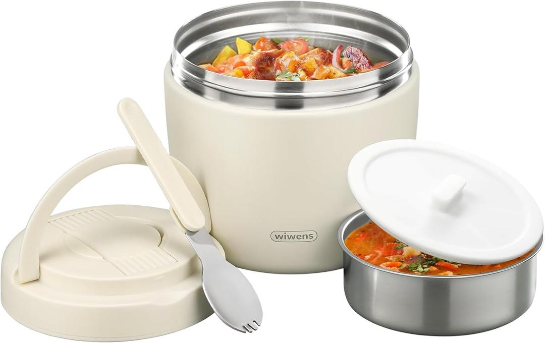 wiwens Thermo Food Jar for Hot Food Adults 32OZ Soup Thermo Lunch Containers Wide Mouth Vacuum Insulated Stainless Steel Leakproof Bento Box with Spoon (Beige)