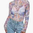 Women's Sheer Floral Long Sleeve Layering Top Ruffled Mock Neck Sheer Blouse for Casual Brunch Party Club Night Date Outfits, M