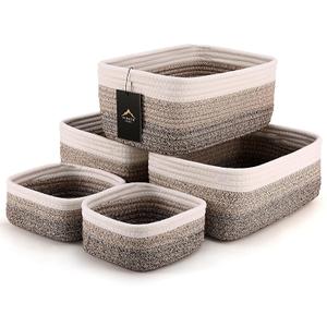 5-Pack Small Woven Rope Storage Baskets – 2 Sizes Organizer Bins for Closet, Shelf, Bookshelf, Nursery, Changing Table, Fabric Cube Boxes, Rectangular Shallow Bins for Bathroom, Toy & Home