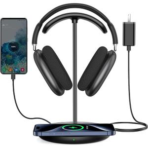 Miroddi Headphone Stand with Wireless Charger, Independent USB Charging Port, 5 in 1 Charging Station Headset Holder Rack for AirPods Max/Pro/4/3/2, iWatch, iPhone, Samsung and Desk Headphones, Black