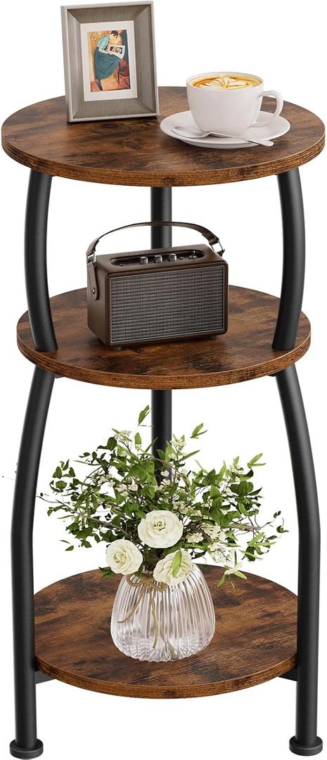 Small Round Side Table, 3-Tier End Table with Storage Shelf, Slim Coffee Table for Small Spaces, Industrial Sofa Table Used for Narrow Gaps in Living Room & Bedroom, Rustic Brown