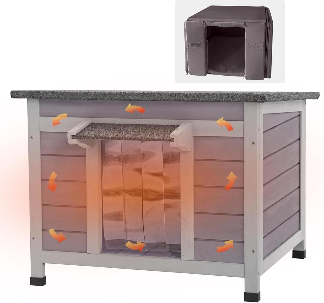 Outdoor Cat House with Insulated Liner Weatherproof Feral Cat Shelter for Winter, Gray 