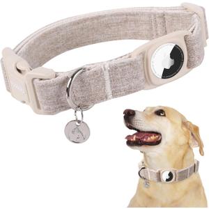 DOGWONG Airtag Cotton Hemp Dog Collar, Heavy-Duty Dog Collar with Airtag Holder Beige Natural Fabric Pet Cute Puppy Necklace for Small Medium Large Dogs (Khaki)