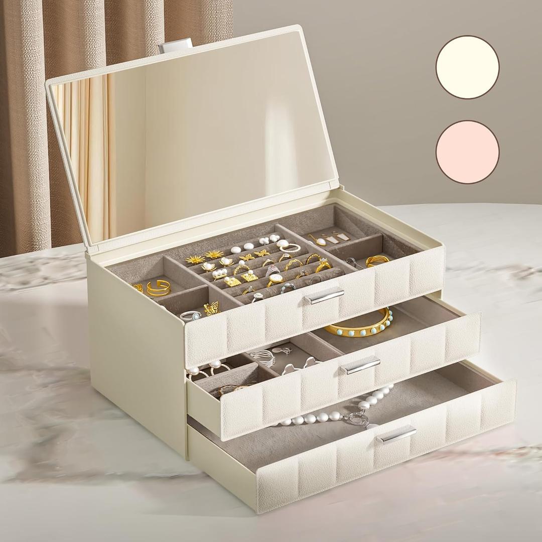 VUSIGN Jewelry Box for Women, 3 Layer Jewelry Organizer with Mirror, Jewelry Storage Case with Removable Pad, Customizable Jewelry Boxes for Rings Earrings Necklaces, White