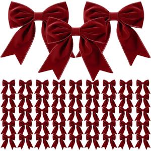 Yinkin 50 Pcs Christmas Velvet Bows Bulk for Xmas Tree 5.5'' Rustic Crafts Velvet Ribbon Bows Vintage Farmhouse Xmas Wreath Ornaments for Gift Wrapping Home Front Door(Wine Red, 50 Pcs)
