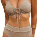 ZAFUL Bikini Sets for Women String 2 Piece Swimsuits High Waisted Bathing Suit V Neck Cut Out Swimwear (Small, Khaki)