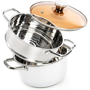 2 Tier Steamer Pot with Lid, 4 Quart Stainless Steel Food Steamer for Cooking, Multipurpose for Vegetable, Dumpling, Sauce, Pasta