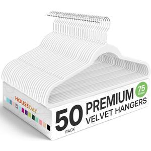 HOUSE DAY Premium Velvet Hangers 50 Pack, Non-Slip Flocked Felt Hangers, Sturdy Clothes Hangers with 360 Rotatable Hook, Heavy Duty Coat Hanger, Durable Slim White Hanger for Closet Space Saving