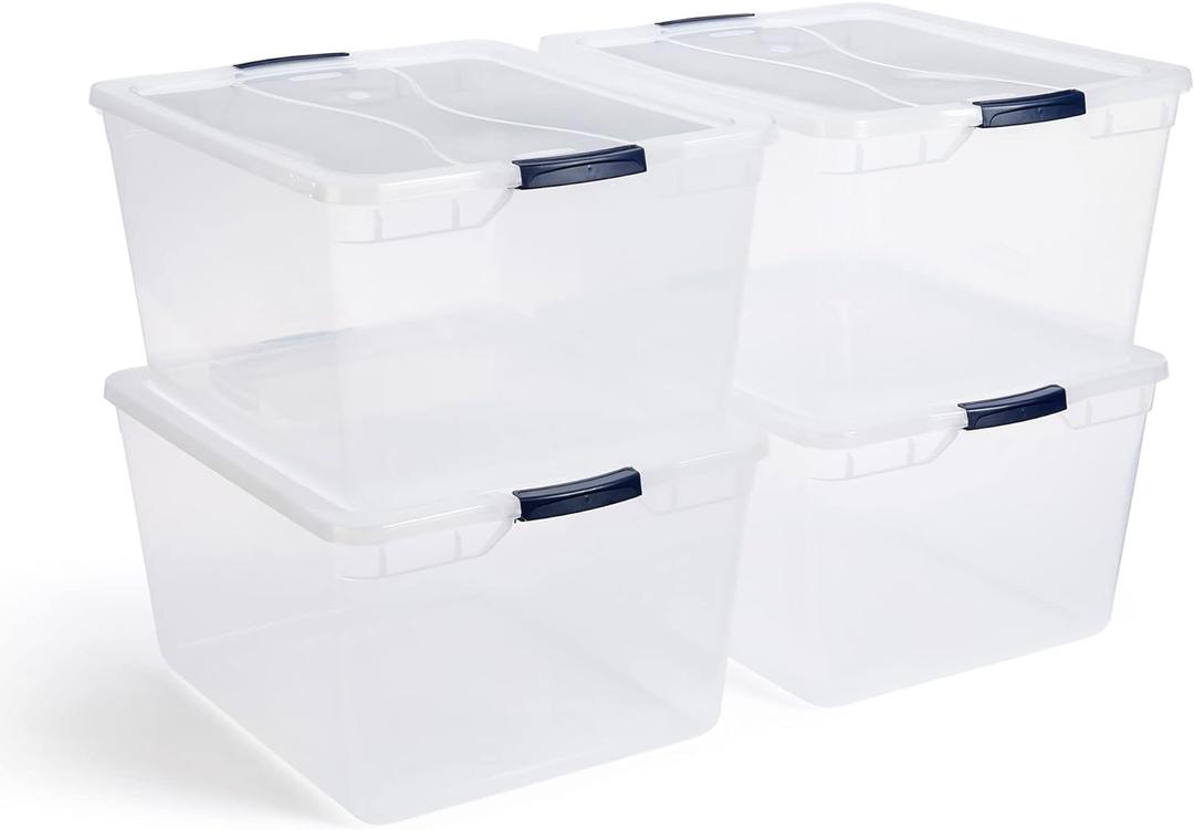 Rubbermaid Cleverstore 74 Qt Clear Storage Bins with Latching Lids, 4-Pack, Stackable, BPA-Free, Made in USA