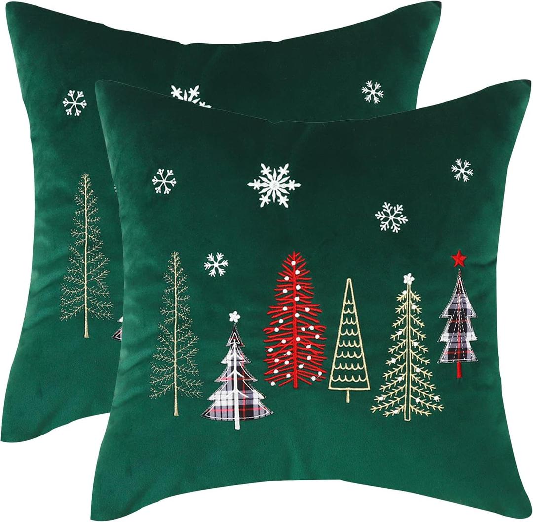 Tosleo Christmas Pillow Covers 18x18 Set of 2 Xmas Trees with Snowflake Embroidery Throw Pillow Covers Christmas Dec Velvet Pillowcases Forest Green Cushion Pillow Cases Soft Square Holiday Pillowcase (Xmas Trees Green)