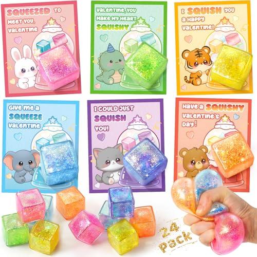 Valentines Day Cards for Kids School, 24 Pcs Ice Cube Shaped Squeeze Balls with Cards, Stress Relief Fidget Toys in 6 Glitter Colors, Ideal for Classroom Exchange Prizes, Valentines Party Favors
