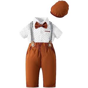 MOMMY'S NEW MAN Newborn Baby Boy Clothes Tuxedo Short Sleeve Gentleman Outfits 0-24M Shirt+Bowtie+Beret Hat+Suspender Pants 18-24 Mounths
