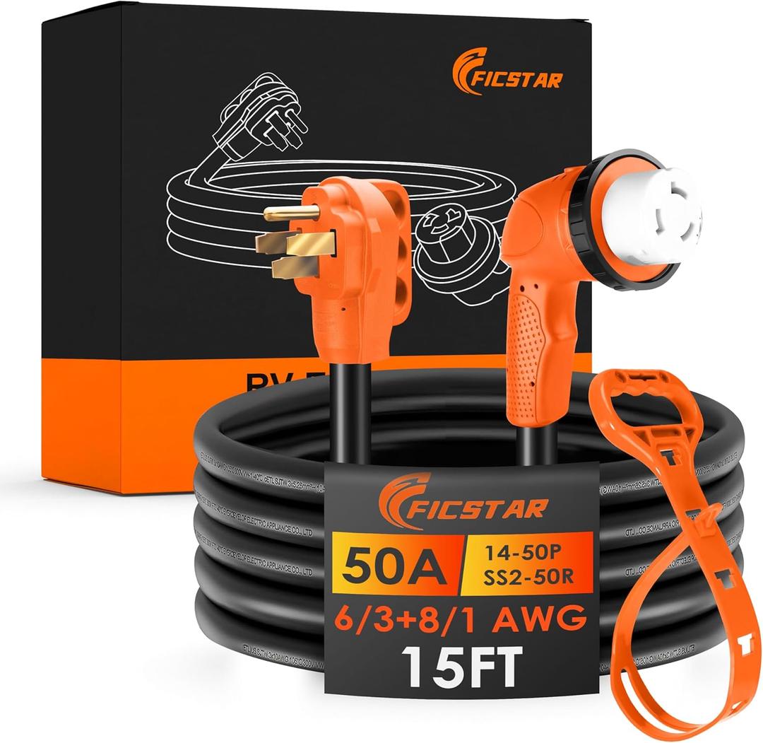 50 Amp Generator Cord 15 ft, Heavy Duty 6/3+8/1 STW AWG 50 Amp RV Extension Cord with 90 Grip Handle Twist Lock, NEMA 14-50P to SS2-50R with Polarity Lamp and Power Indicator