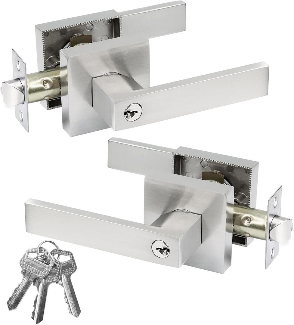 JO.KO 2 Pack Entry Door Lock Set, Different Key Square Door Lever for Bedroom, Passage Door Privacy Locking Interior/Exterior Entry Door Knob/Heavy Duty (Satin Nickel)