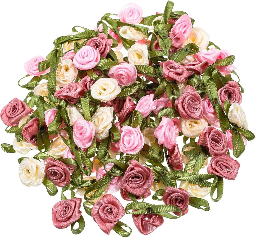 100 PCS 15mm Multicoloured Mini Rose Flowers, Satin Ribbon Bows Appliques, Mini Roses for Crafts, DIY Sewing Craft Accessories, Wedding Bride Gift Decoration, Fabric Ribbons