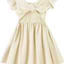 LYXIOF Toddler Baby Girl Cotton Linen Summer Dress Ruffle Sleeve Back Bowknot Kids Beach Dresses Beige 120CM