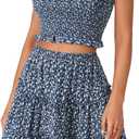 LYANER Women's 2 Piece Outfits Summer Flora Print Smocked Cami Crop Top and Mini Skirt Set for Vacation