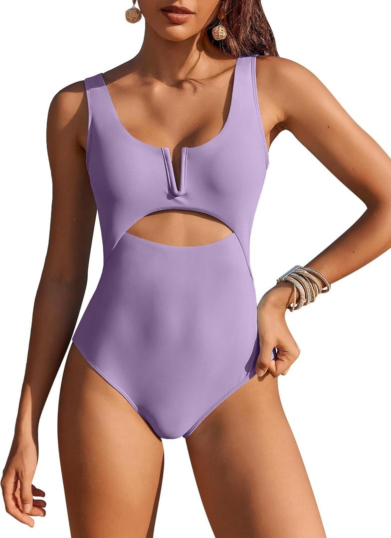 AI'MAGE Womens One Piece Swimsuits Tummy Control Bathing Suit 2025 Cutout High Waisted V Neck Monokini Swimwear (Large, Lilac Purple)