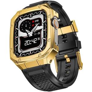 SUPLINK Stainless Steel Case with Silicone Band Compatible with Apple Watch Ultra Bands/Apple Watch Ultra 2 Bands 49mm, Metal Rugged Protector Cover for iWatch Band Men Gold