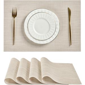 Leetaltree Beige White Placemats Set of 4 - Heat Resistant Non-Slip Place mats for Dining Table, Washable Durable PVC Vinyl Woven Table Mats(Beige White, 4)