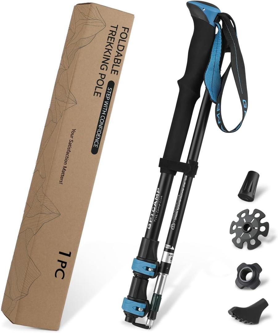 GPTCAMP Hiking Stick,1PC Trekking Pole Collapsible Hiking Pole, Lightweight Folding Adjustable Travel Walking Stick with EVA Foam Grip for Men Women, Blue(1 Pole)