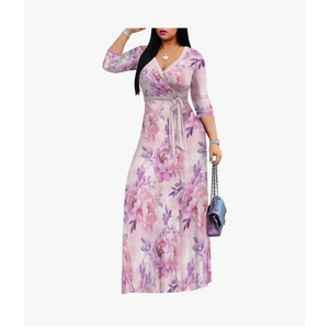 PinkPatty Women's Plus Size Maxi Dresses 3/4 Sleeves Bohemian Long Dress Printed Swing Dress with Belt , Size 2XL