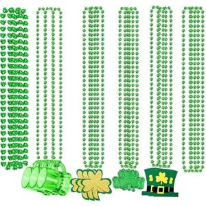 Zonlianxin 42PCS St. Patrick's Day Shamrock Necklace Clover Green Bead Party Favors Novelty St Patricks Day Shot Glasses Bead Necklaces Irish Beer Decorations Supplies