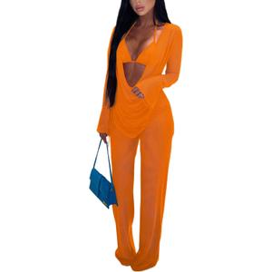 EDITCOZY Women Mesh Sheer 3pcs Outfits Long Sleeve Top Long Pant Bikini Cover Up (X-Large,Orange)