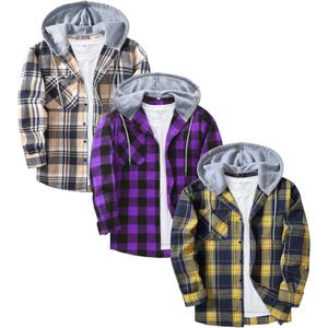 ZITY 3 Pack Men's Flannel Hoodie Shirts Long Sleeve Casual Vintage Button Down Plaid Shirt Jacket with Pocket (X-Large, Deepbluebeige Purple Yellownavy)
