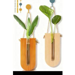 Tlence 2 Pack Wooden Indoor Wall Planters, 6" Bohemia Hanging Flower Wall Vase, Glass Tube with Wood Stand, Propagation Station for Hydroponics Plants Dried Flowers, Farmhouse Decor for Living Room