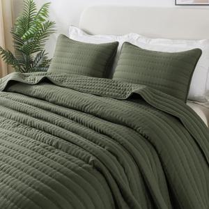 ROARINGWILD Olive Green Twin Size Quilt Set, Striped Pick Stitch Lightweight Bedspread, Soft Channel Farmhouse Rustic Coverlet, Spring Summer Thin Comforter, Country Bedding, 68x90 inches