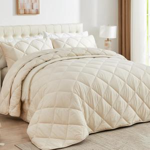 ENJOHOS Oversized King Comforter 128x120in, Extra Large King Size Comforter Beige, Extra Fluffy Lightweight Breathable California Bedding for All Season with 2 Pillow Cases
