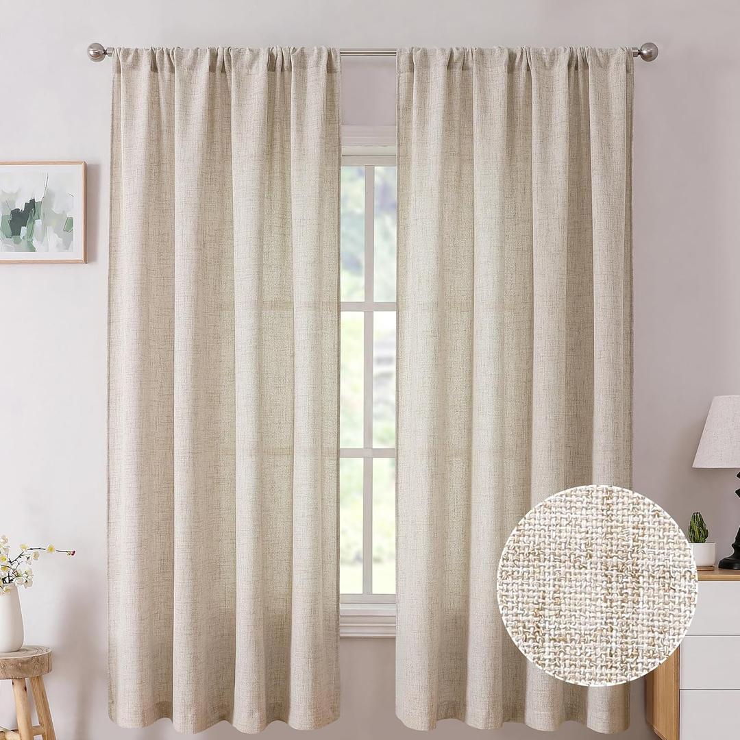 Tollpiz Short Linen Curtains Bedroom Rod Pocket Semi Sheer Curtain Burlap Light Filtering Thick Linen Drapes for Living Room, 38 x 45 inches Long, Natural, Set of 2 Panels