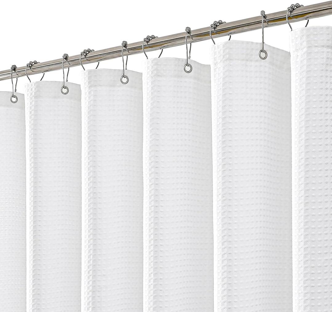 meioro White Shower Curtain, Waffle Weave 256GSM Heavy Duty Textured Fabric Shower Curtains for Bathroom Hotel Spa, Luxury Weighted Polyester Cloth Bath Curtain Set with 12 Hooks, 72Wx84H