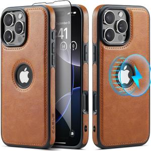 Casus Designed Strong Magnetic for iPhone 16 Pro Max Case Compatible with MagSafe Leather Slim Logo View Luxury Elegant Thin Cover with Tempered Glass Screen Protector (2024) 6.9" - Brown