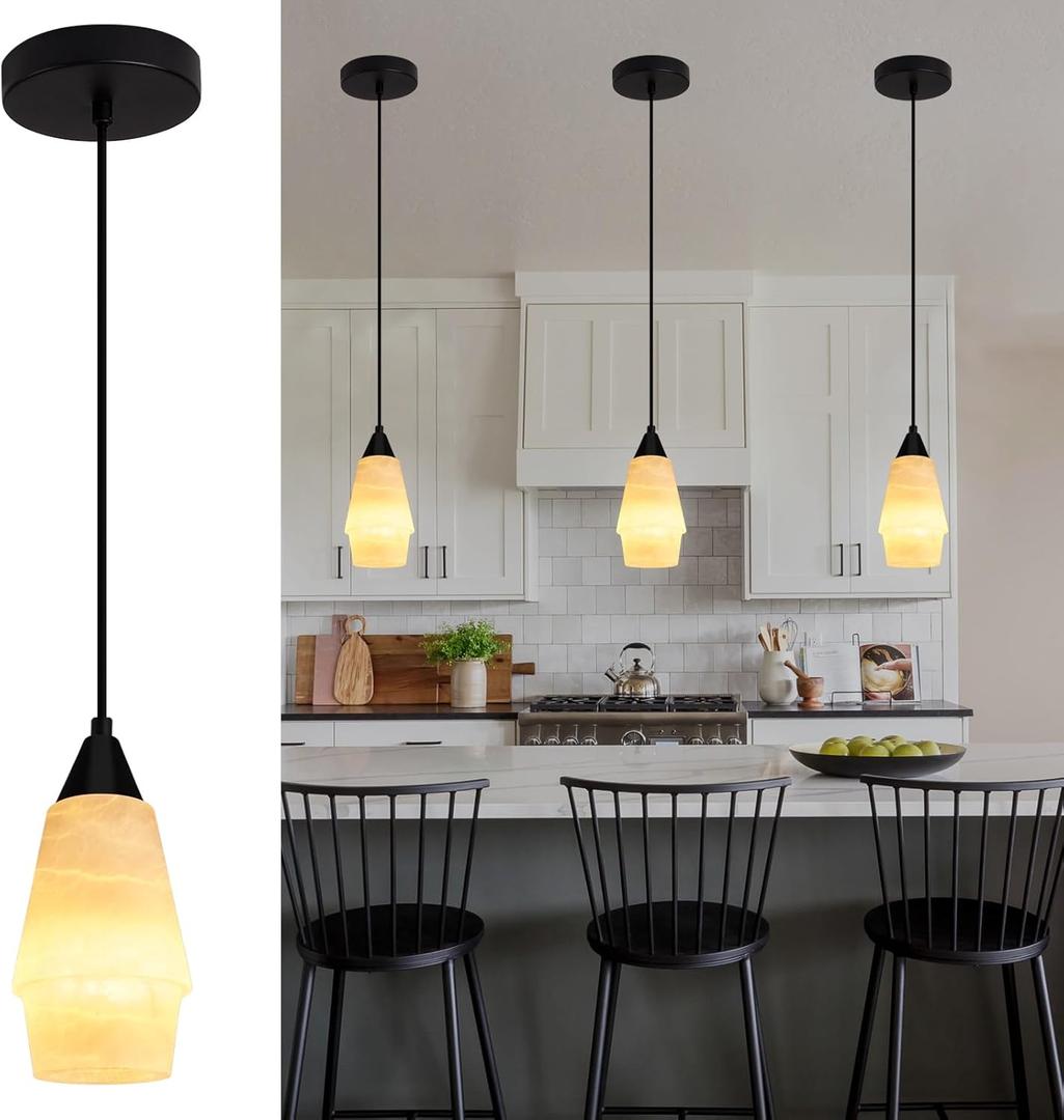 Natural Alabaster Pendant Lights Kitchen Island, H-7.87in White Pendant Light Fixtures, Light Pendant Marble Shade, for Bedroom Bathroom Dining Room Living Room (1 Pack)