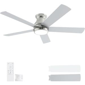 52 Inch Brushed Nickel Ceiling Fans with Lights and Remote,LED Low Profile Flush Mount Ceiling Fan for Bedroom, Living Room, Patio, Quiet DC Motor, 5 Blades