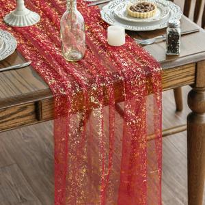 Artoid Mode Red Gold Gauze Table Runner 120 Inch 10Pcs, Glitter Metallic Foil Sheer Dining Wedding Anniversary Holiday Table Decor for Home Party